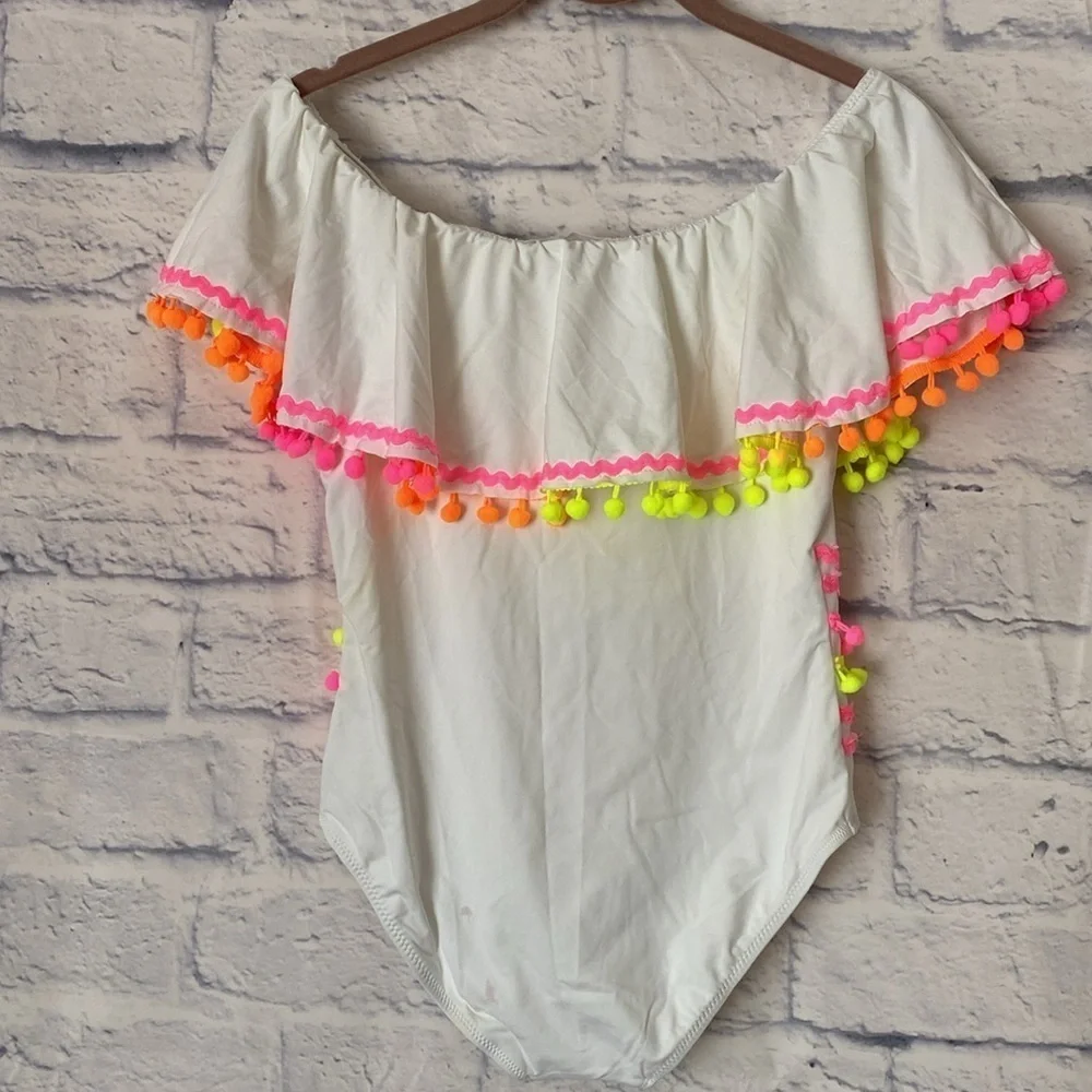 Stella Cove white off the shoulder pom pom swimsuit
